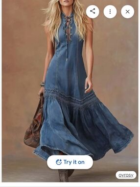 NWT OYROSY Sleeveless Lace-Up Denim Maxi Dress in Dark Wash. L.